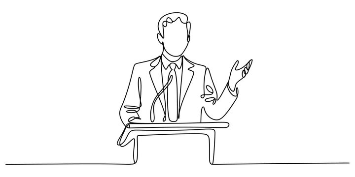 continuous one line drawing Man speaking at podium with microphones, minimalist line drawing vector illustration