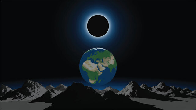 Solar eclipse from earth with mountains in the background in space