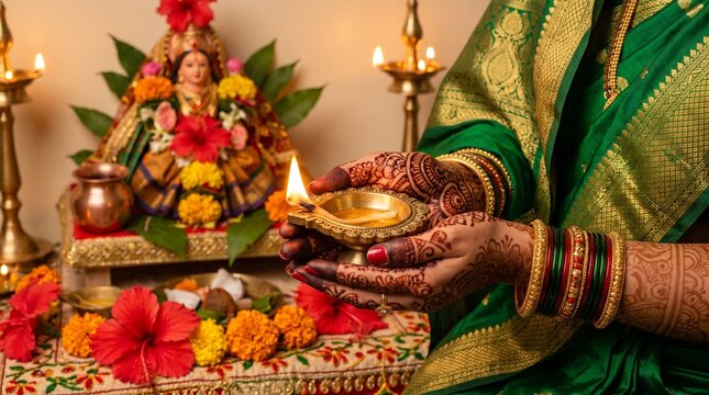 Mangala Gauri Vrat Ritual: Close-up of Woman's Hands with Intricate Henna Holding a Lit Brass Diya with Goddess Parvati Idol in Background