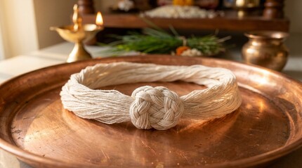 Fototapeta premium a pristine white cotton Yagnopavitam sacred thread with detailed braided fiber textures for Avani Avittam ritual ceremony.