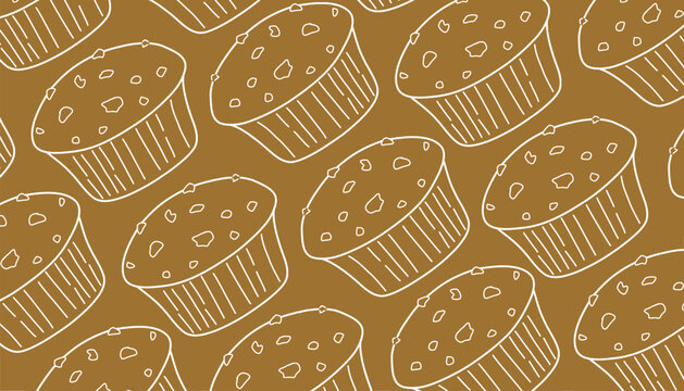 Doodle Muffin pattern illustration. Hand drawn bakery Seamless Pattern. Cupcake outline repeat background. Minimal line baking design. Pastry wrapping surface.