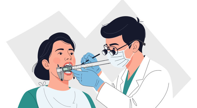 Dentist using caliper to measure patient's mouth opening in clinic