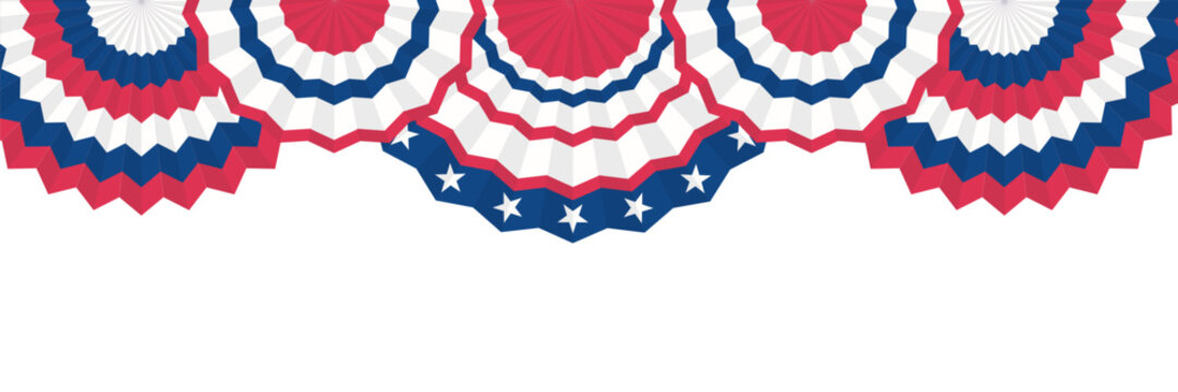 American bunting flags with stars and stripes hanging border. Red white and blue half circle patriotic garlands for 4th of July independence day. Decoration vector illustration for banner