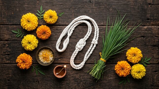 Avani Avittam Still Life with Sacred Yagnopavitam Thread, Green Darbha Grass, and Yellow Marigold Flowers on Dark Wooden Surface