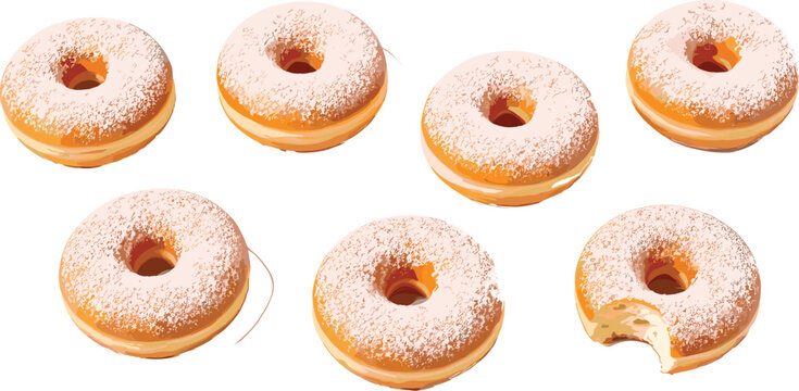 Realistic powdered sugar donut vector illustration set with glazed ring pastries and bitten doughnut isolated on white background