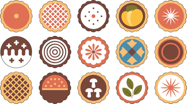 Collection of assorted pie and tart icons with sweet bakery desserts vector illustration set