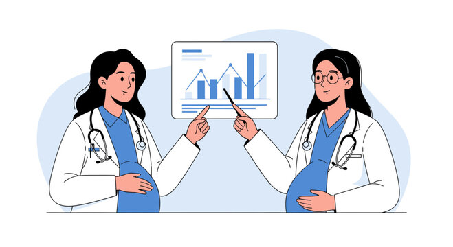 Pregnant Doctors Discussing Healthcare Data and Statistics on Screen