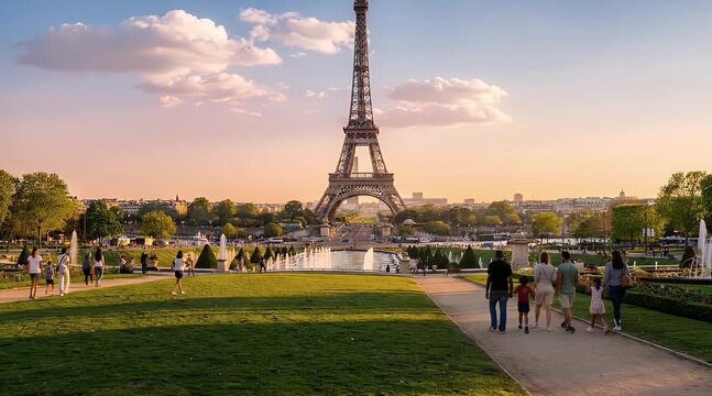 Scenic View of Eiffel Tower in Paris at Sunset with Visitors