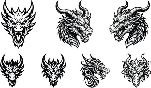 Tribal dragon head tattoo silhouette vector illustrations with fierce expressions, horns, flames, and ornamental symmetrical designs