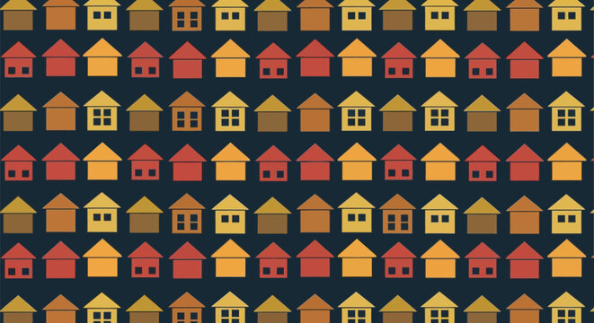 Seamless pattern with colorful flat house icons on dark blue background residential real estate concept neighborhood architecture vector illustration style.