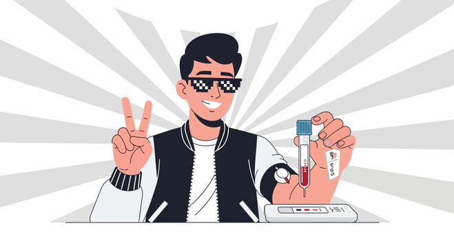 Man Showing Peace Sign with Covid Test Kit and Blood Sample Tube
