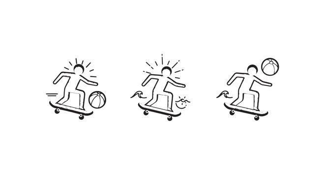Illustrated skateboarders performing various dynamic tricks on boards.