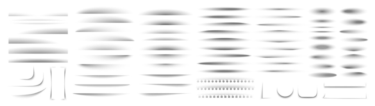 Set of soft oval shadow effects with transparent gradients. Abstract smooth shadow elements with blurred edges.