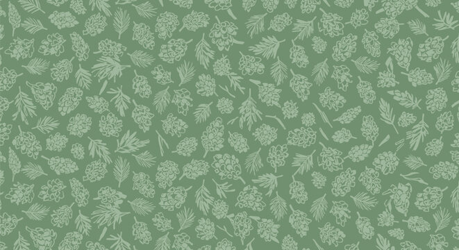 Abstract hand drawn pine cone and conifer needle seamless pattern in sage green tones forest nature inspired botanical background texture for wallpaper.