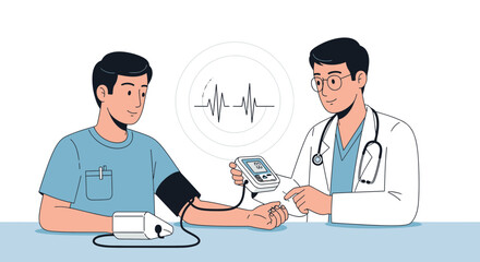 Fototapeta premium Doctor checks patient's blood pressure using a monitor, medical checkup concept.