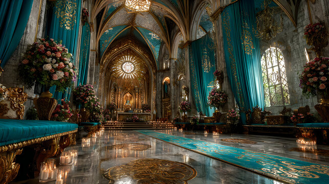 Elegant temple interior glowing candles intricate golden carvings beautiful decor serene sacred ambiance Images