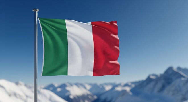 Italy flag waving on a pole against a snowy mountain range and blue sky