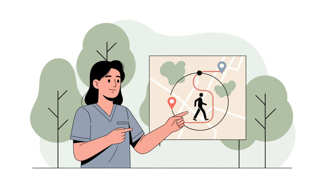 Woman points to navigation map with walking route, person pictogram