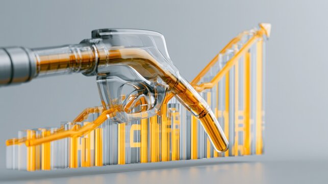 Robotic Hand and Growth Chart: A transparent robotic hand manipulates a rising arrow on a translucent bar chart, symbolizing technological advancement and financial growth in the modern era.