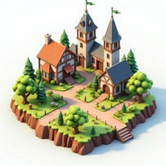 Fototapeta premium An isometric 3D castle with towers and flags on an island. An isometric village with green trees, flowers, and paths on a white background.