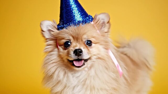 Pomeranian dog wearing blue glitter party hat.