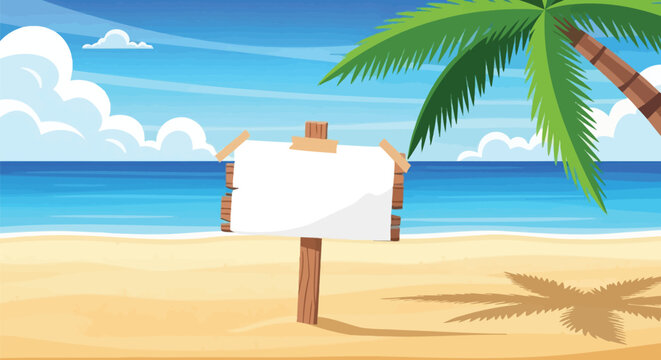 Summer beach landscape featuring empty wooden sign for message with tropical palm tree against blue sky and ocean backdrop in flat vector style illustration.