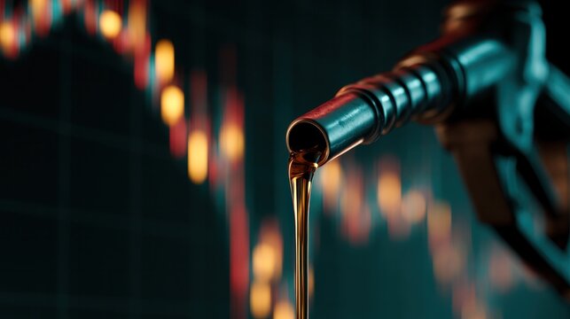 Oil Pump and Financial Graph: A close-up view of an oil pump nozzle with fuel dripping, set against a backdrop of a financial graph displaying fluctuating prices.