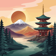 A serene Japanese pagoda stands by a river with a majestic mountain and sunset in the background © John