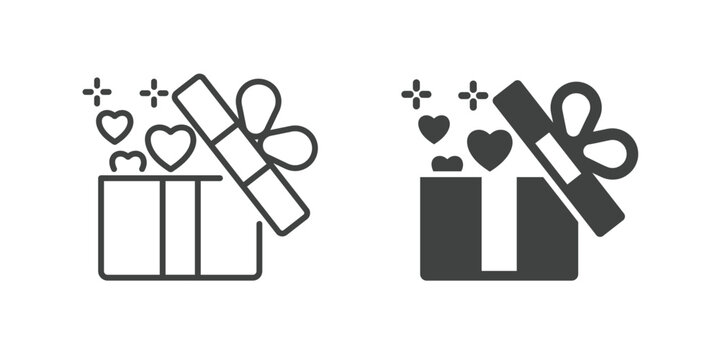 Opened Gift Box with Hearts Icon. Line and glyph solid icon