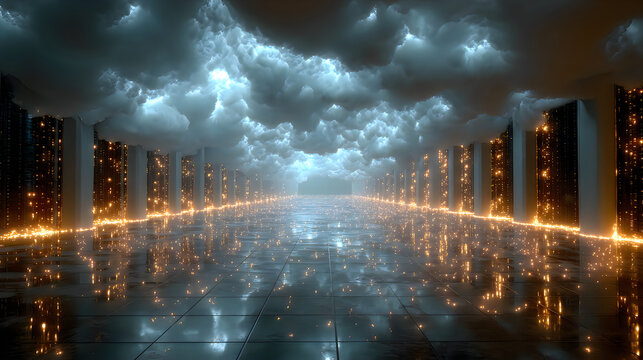 Futuristic data center corridor dramatic cloud explosion glowing sky reflection cinematic scene Images