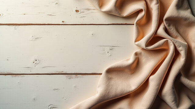 Rustic White Wood Background with Draped Peach Fabric