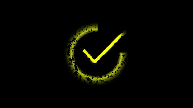 Animated neon check mark symbol glowing with particle effects on black background for success