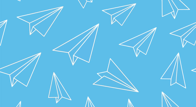 Seamless background pattern featuring white paper plane outlines on soft light blue backdrop representing aviation travel creativity and simple flight icon.