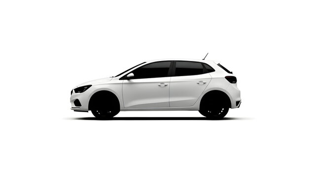 A sleek silver car is parked on a clean surface in profile view