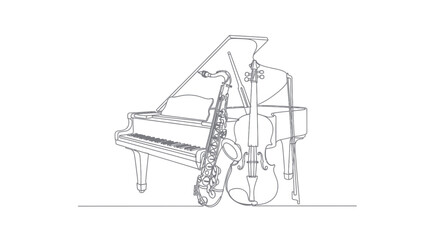 Obraz premium Musical Instruments: Piano, Saxophone, Violin Line Art Illustration