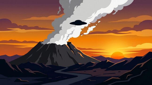 Mysterious Flying Object Observes Dramatic Volcanic Eruption at Sunset over Rugged Landscape