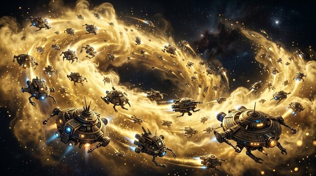 Futuristic spacecraft swarm journeys through a luminous golden cosmic nebula