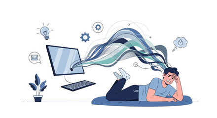 Obraz premium Overwhelmed Man With Ideas Flowing From Laptop Into His Head