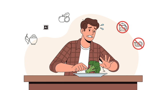 Stressed Man Refusing Broccoli, Healthy Eating Challenges