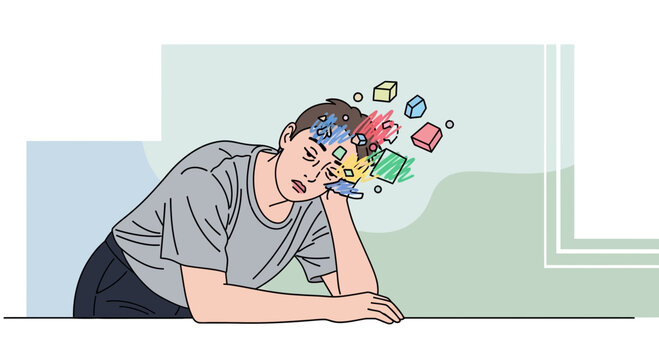 Overwhelmed man with colorful abstract thoughts exploding from head, mental overload concept