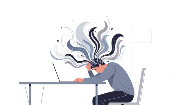 Overwhelmed person at desk with chaotic thoughts exploding from head, burnout concept