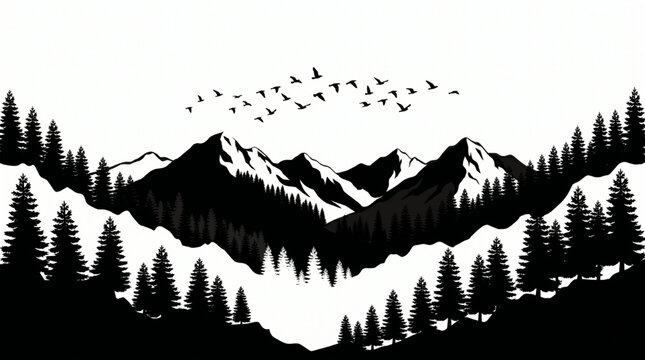 Black silhouette mountain landscape, snowy peaks, pine trees, flying birds, vector illustration