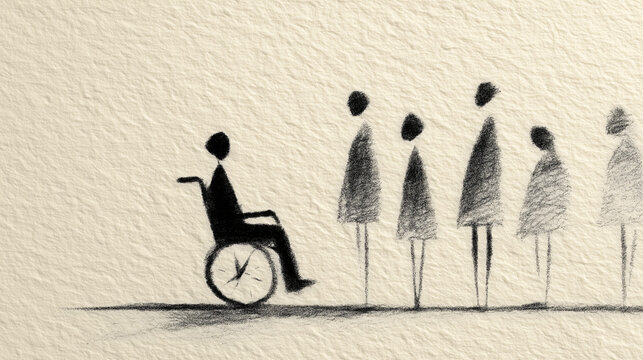 Patient in Wheelchair as Others Whisper and Avoid Eye Contact in Waiting Room Stigma Surrounding Functional Neurological Disorders Ink Illustration

