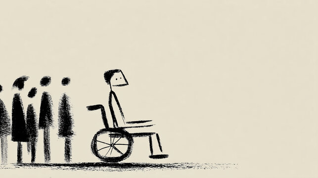 Patient in Wheelchair as Others Whisper and Avoid Eye Contact in Waiting Room Stigma Surrounding Functional Neurological Disorders Ink Illustration

