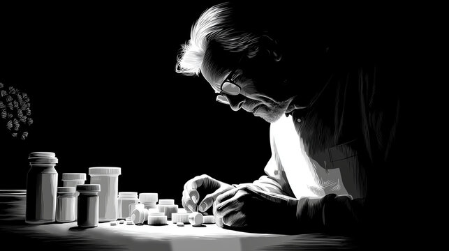 Elderly Person Sorting Dozens of Pill Bottles Across Kitchen Table Beneath Dim Light Polypharmacy Risks Confusion in Aging Healthcare Ink Illustration


