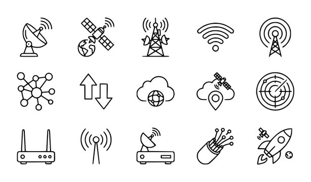 Wireless satellite technology icon set telecom antenna vector