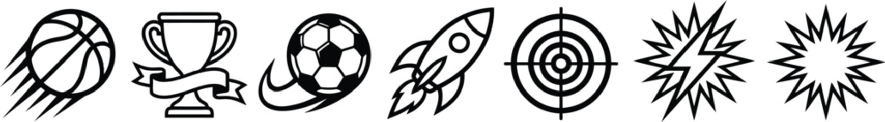 Graphic icons of sports and rocket: basketball trophy soccer ball rocket ship © zn