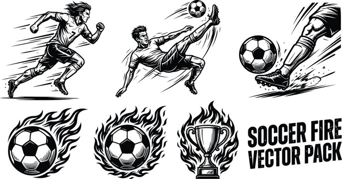 Dynamic soccer action vector graphics with flames and trophy elements, football