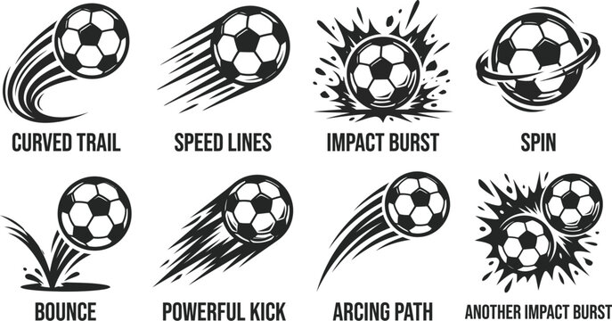Set of illustrated soccer ball motion effects with football powerful energetic