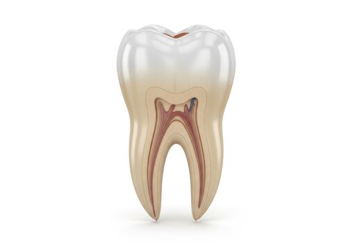Anatomical illustration of a human tooth with exposed inner layers isolated on white background